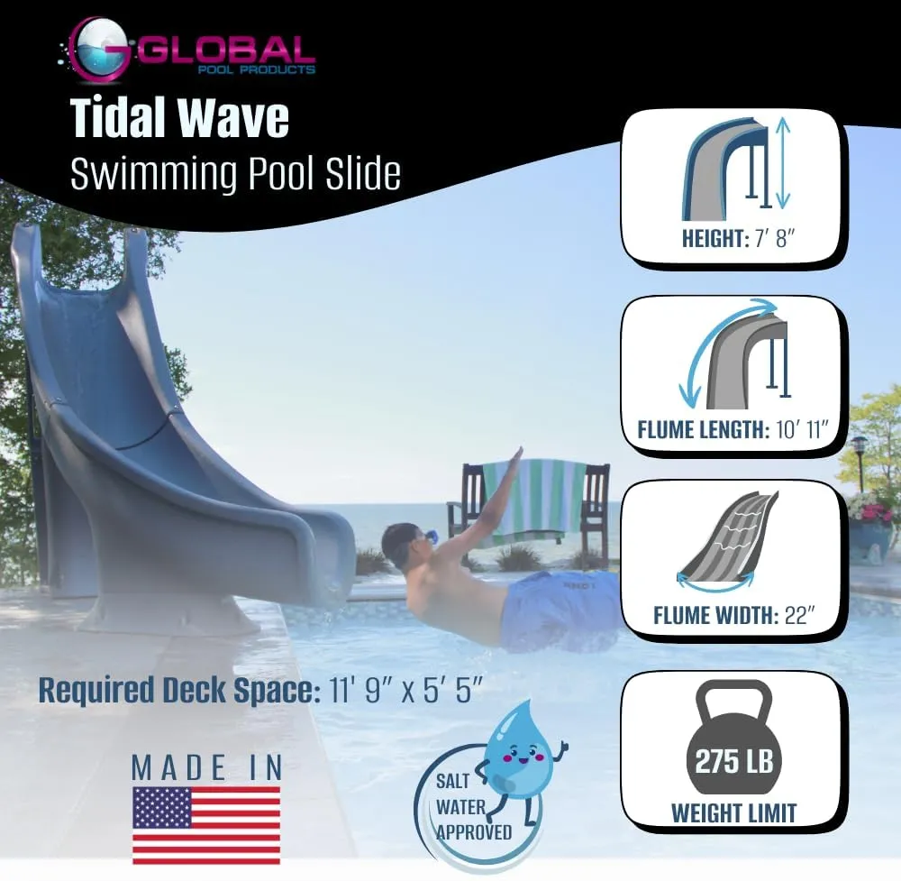 Global Pool Products Tidal Wave Inground Swimming Pool Water Slide Deck Mounted Left Curve Turn Grey GPPSTW-Grey-L