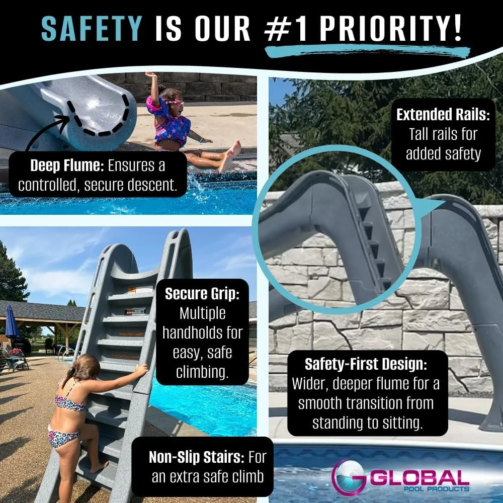 Global Pool Products Tidal Wave Inground Swimming Pool Water Slide Deck Mounted Left Curve Turn Grey GPPSTW-Grey-L