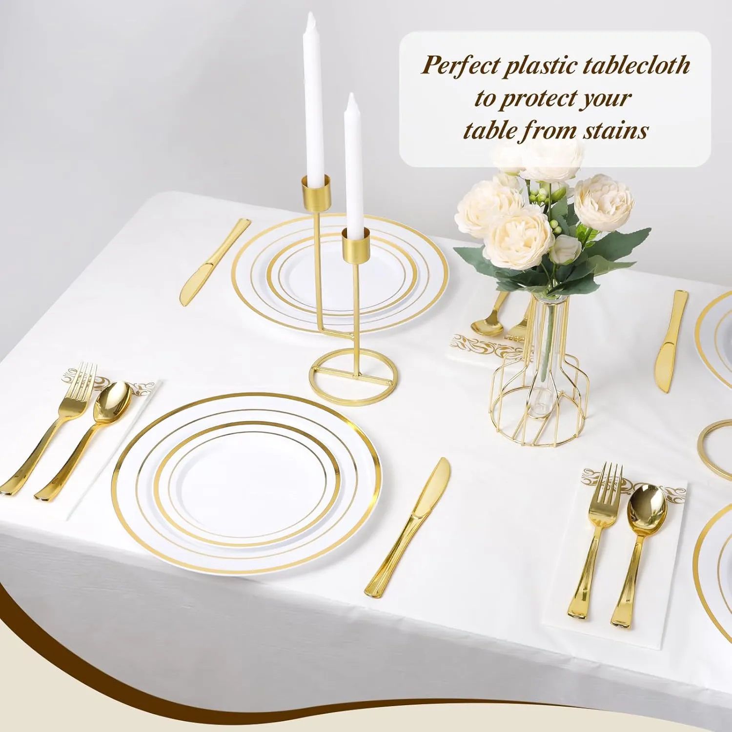 Goodluck 54 Inch X 300 Feet Plastic Table Cloths with Cutter Box, White Disposable Table Cover Roll, Plastic Tablecloth for Party, Banquet, Wedding, Birthday, Anniversary