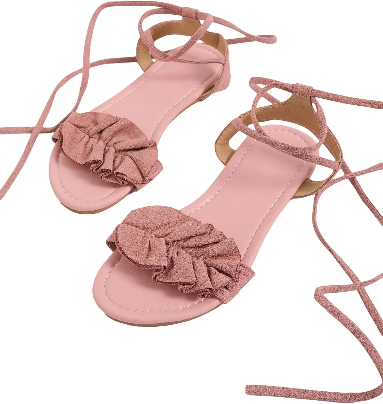 GORGLITTER Women's Lace Up Gladiator Sandals Ruffle Trim Strappy Flat Sandals Casual Tie Up Ankle Strap Sandals