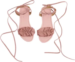 GORGLITTER Women's Lace Up Gladiator Sandals Ruffle Trim Strappy Flat Sandals Casual Tie Up Ankle Strap Sandals