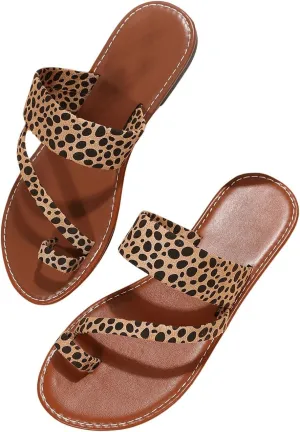 GORGLITTER Women's Leopard Cheetah Flat Sandals Open Toe Strappy Toe Ring Slide Sandal