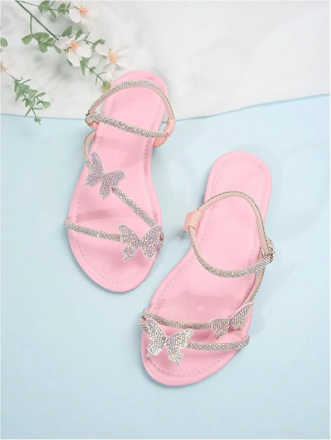 GORGLITTER Women's Sparkly Rhinestone Flat Sandals Glitter Bling Butterfly Strappy Open Toe Slides