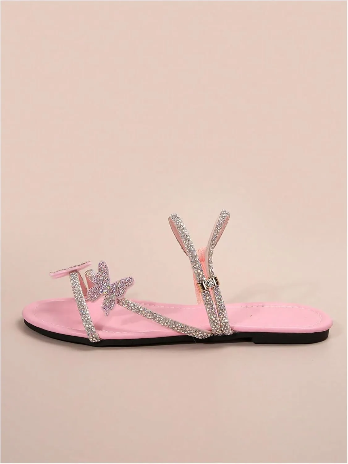 GORGLITTER Women's Sparkly Rhinestone Flat Sandals Glitter Bling Butterfly Strappy Open Toe Slides
