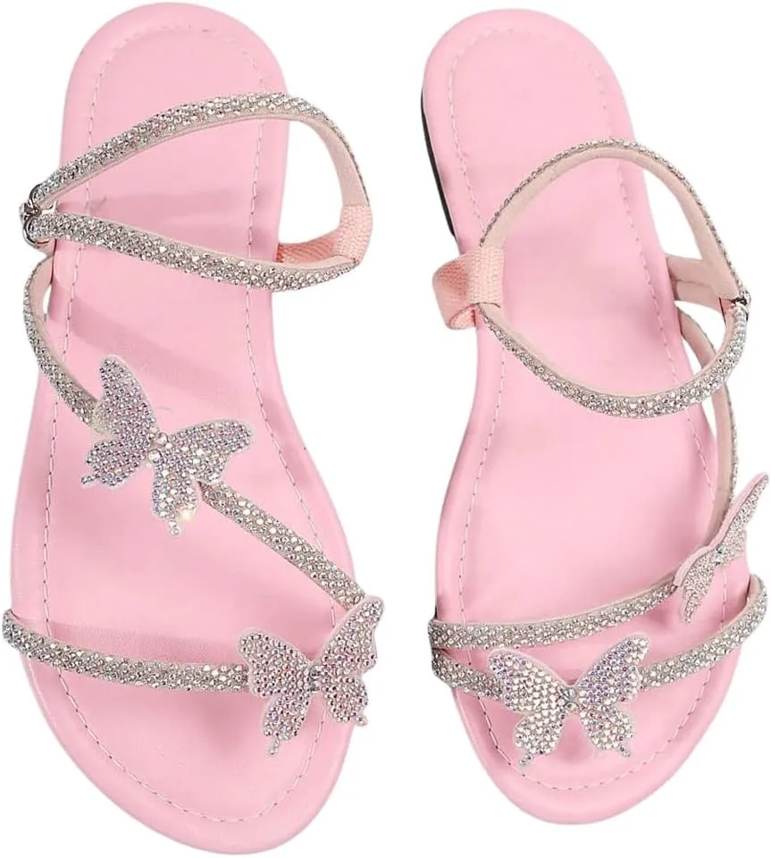 GORGLITTER Women's Sparkly Rhinestone Flat Sandals Glitter Bling Butterfly Strappy Open Toe Slides