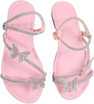 GORGLITTER Women's Sparkly Rhinestone Flat Sandals Glitter Bling Butterfly Strappy Open Toe Slides