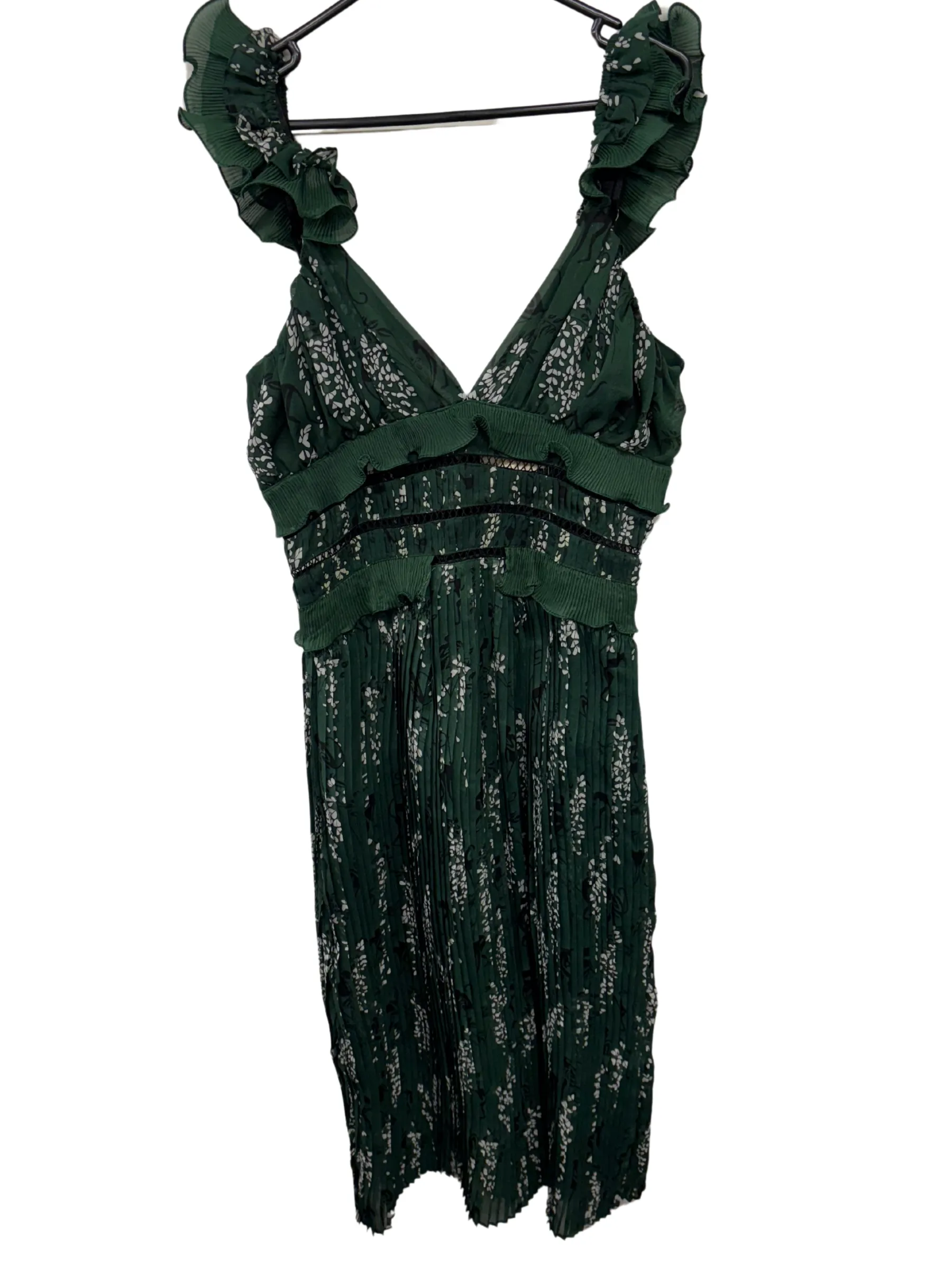 Green, White & Black Floral Print Pleated Strappy Midi Dress
