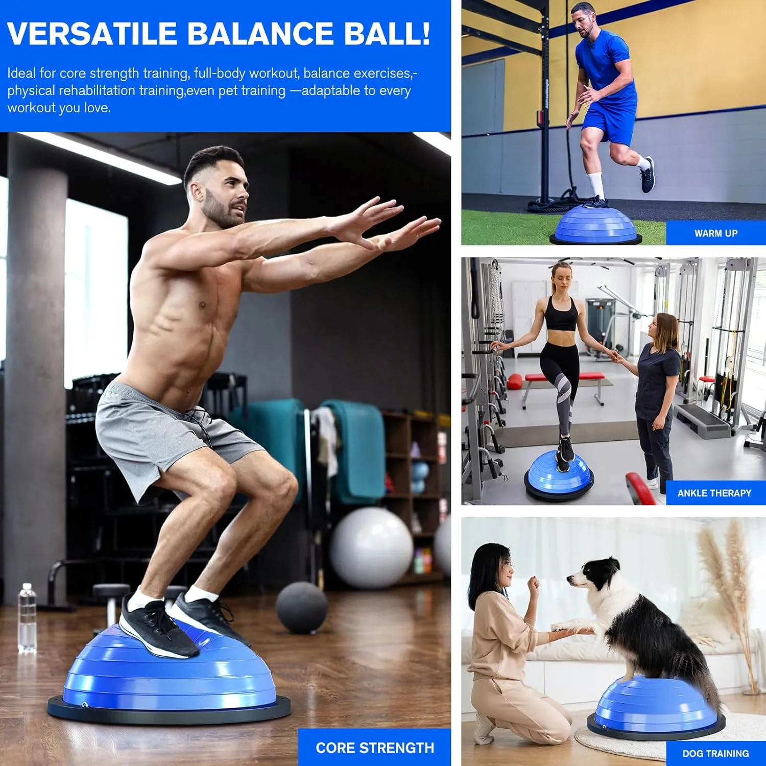 Half Balance Ball Trainer - Half Stability Ball for Exercise, Core Strengthening, Workouts, Home Gym, Physical Therapy, Fitness,Balance Training Equipment with Non-Slip Base, Resistance Bands