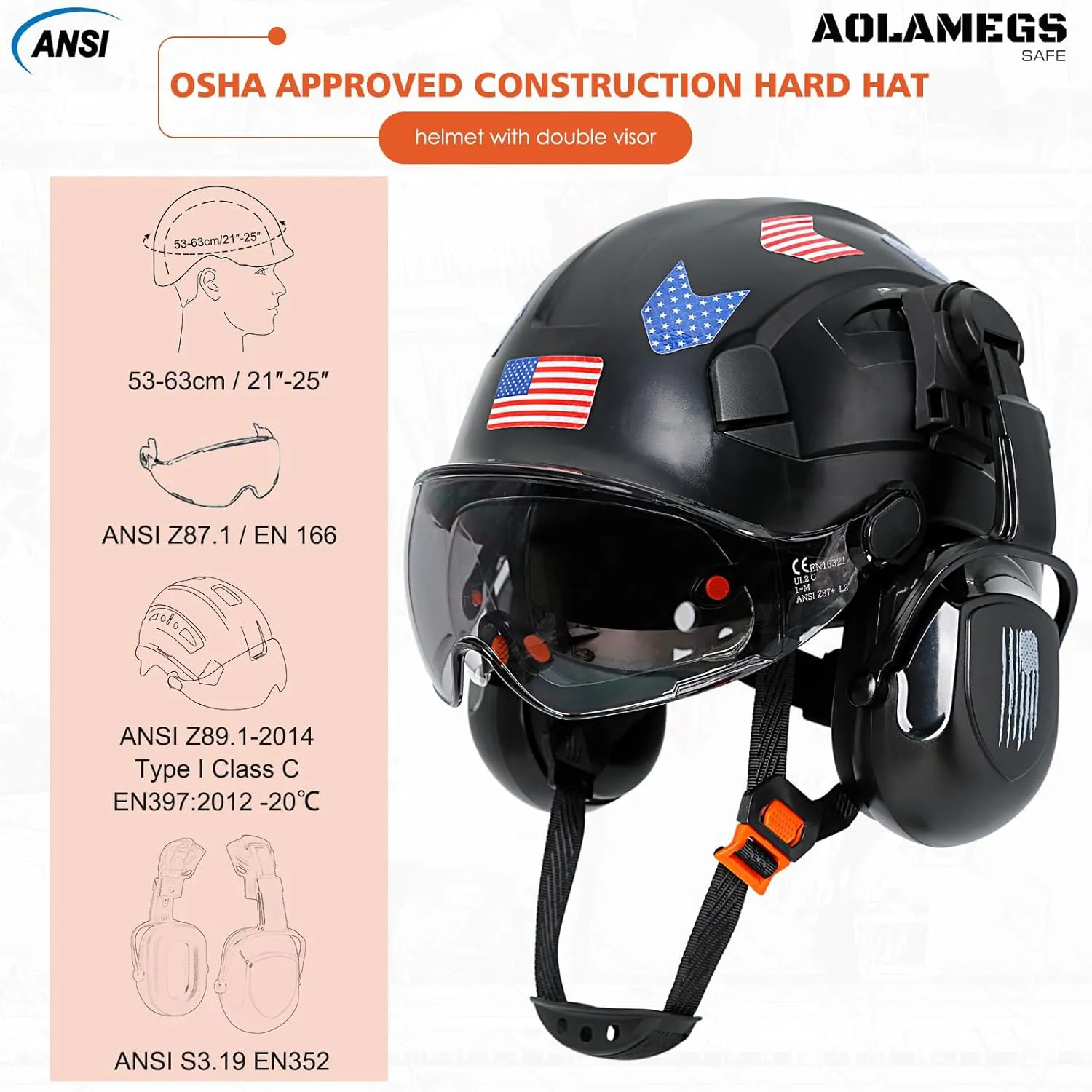Hard Hats Construction OSHA Approved With Double Visor - Cascos De Construccion Vented Hard Hat With Clear and Tinted Visor Construction Safety Helmet Hat With Chin Straps 6pt Suspension