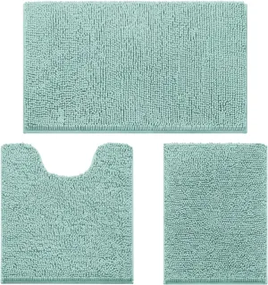HOMEIDEAS 3 Pieces Bathroom Rugs, Ultra Soft Non Slip Absorbent Chenille Toilet Bath Mat Set (Eggshell Blue)