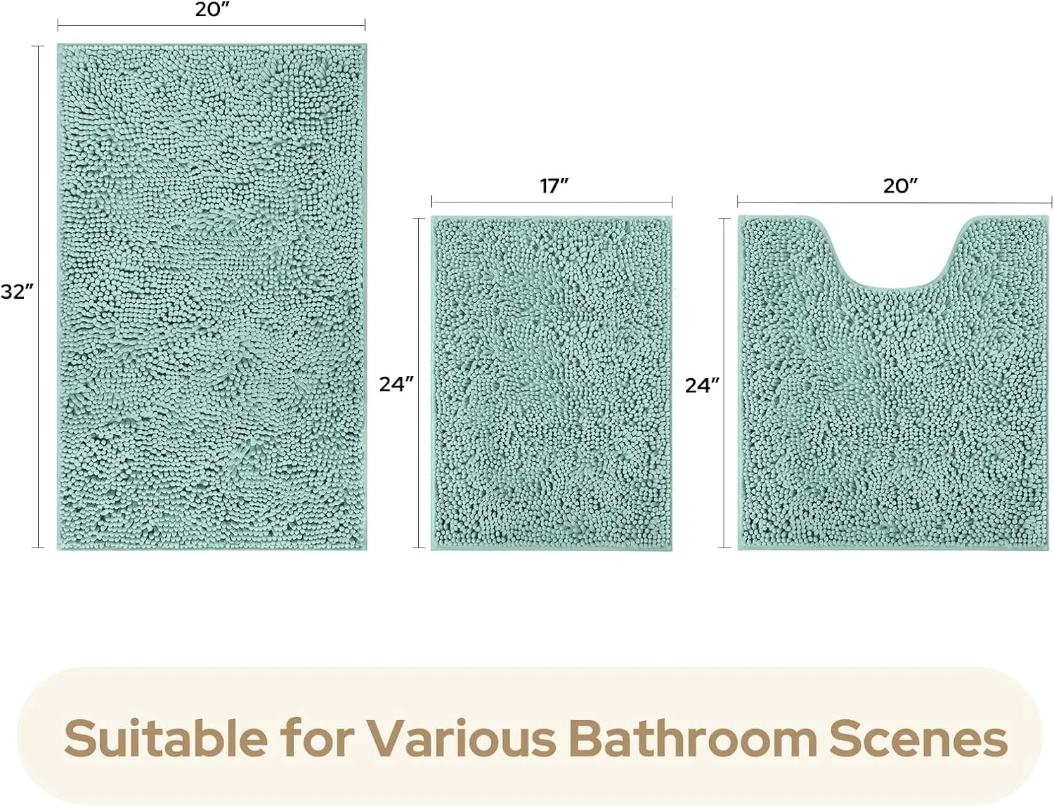 HOMEIDEAS 3 Pieces Bathroom Rugs, Ultra Soft Non Slip Absorbent Chenille Toilet Bath Mat Set (Eggshell Blue)