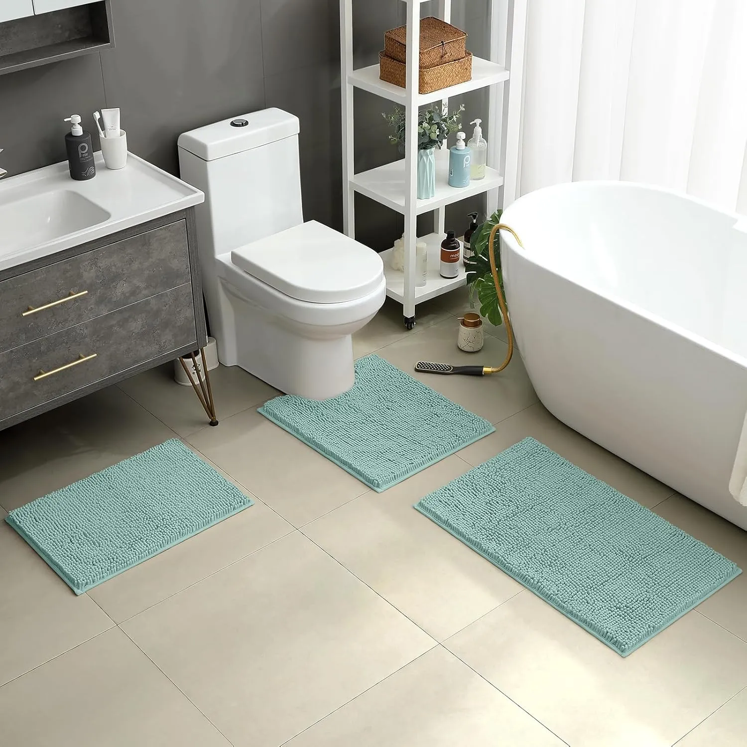 HOMEIDEAS 3 Pieces Bathroom Rugs, Ultra Soft Non Slip Absorbent Chenille Toilet Bath Mat Set (Eggshell Blue)