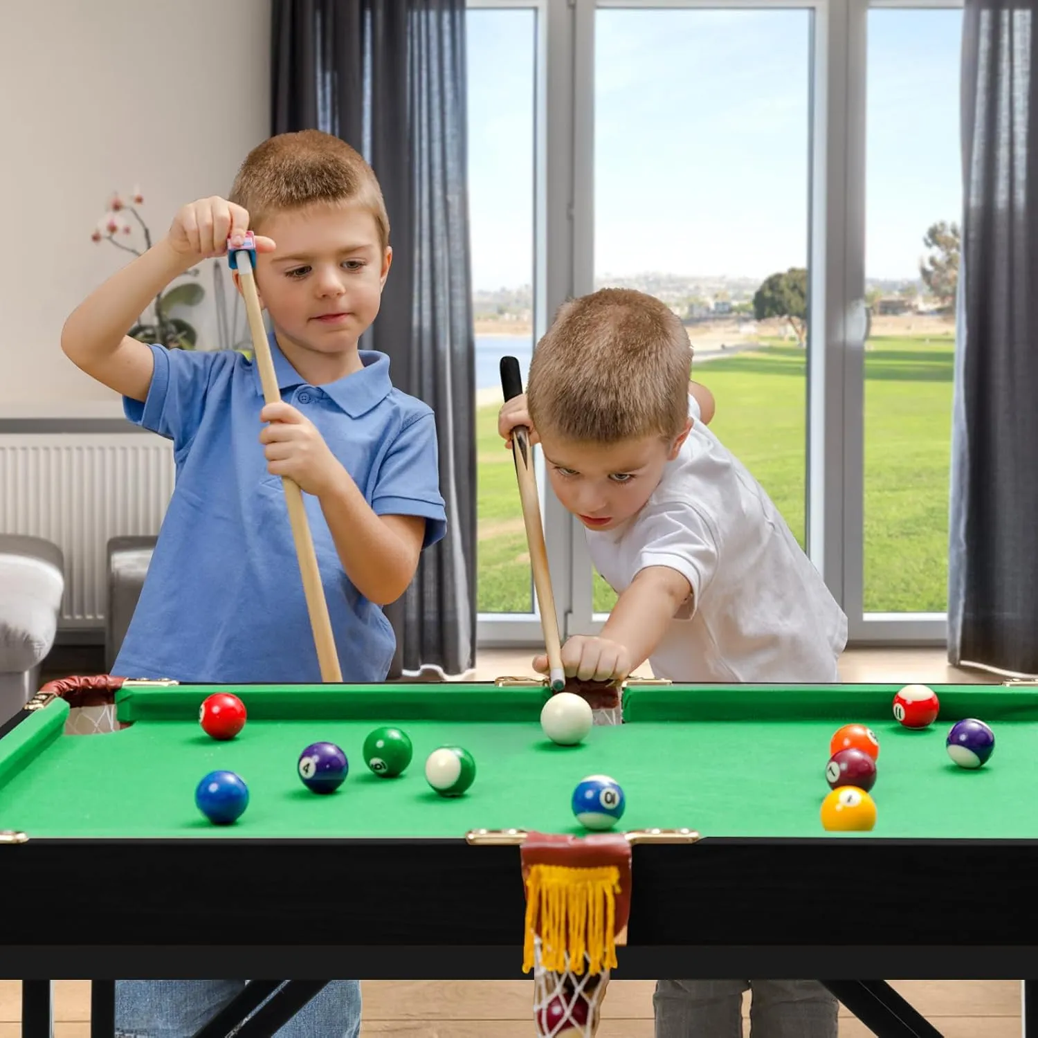 HONEY JOY 48" Pool Table, 4 FT Mini Portable Folding Pool Game Table Set w/ 2 Cue Sticks, 16 Balls, Triangle, 2 Chalks & Brush, Indoor & Outdoor, Billiard Tables for Kids Adults Family Game Room