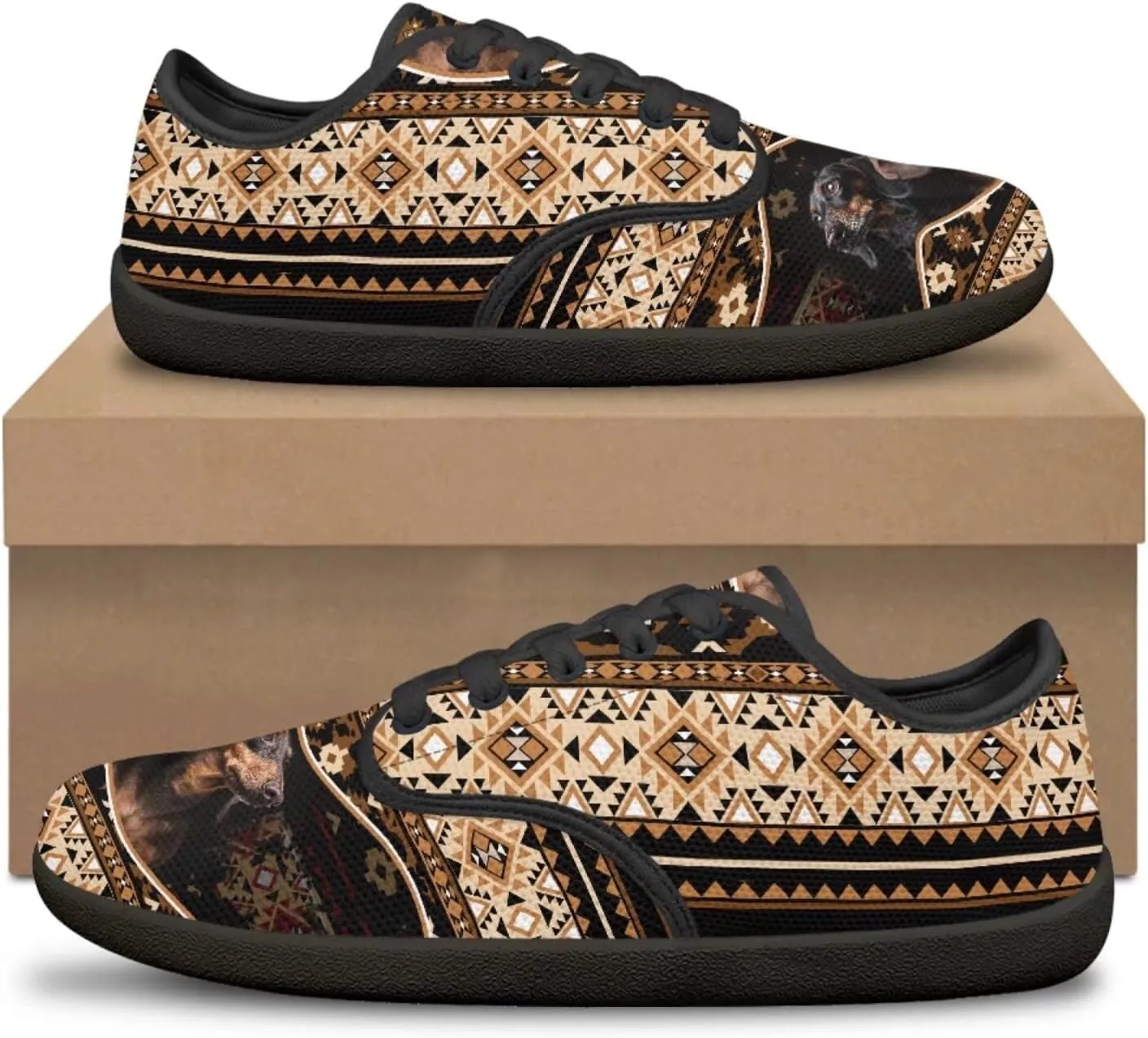 Howilath Western Aztec Lace up Barefoot Shoes Running Sneakers Flat Shoes Casual Sport Shoes with EVA Sole