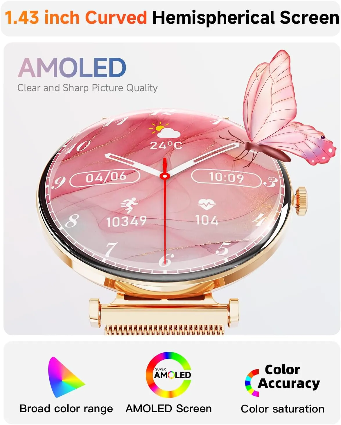 Hwagol Smart Watch[Call/Metal Slim] Android iPhone Compatible,1.43" Micro-Spherical AMOLED Smart Watches for Women,Fitness Tracker Pedometer/Sleep/Heart Rate Monitor(20mm Strap*2)