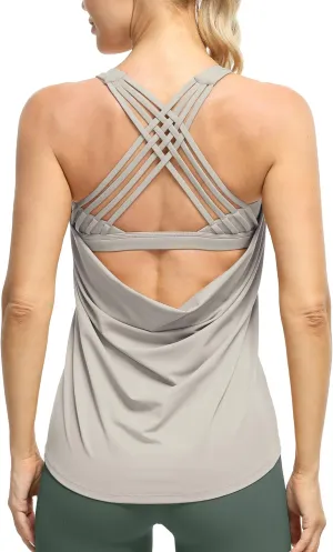 icyzone Women's Open Back Workout Athletic Yoga Tank Tops with Built in Bra