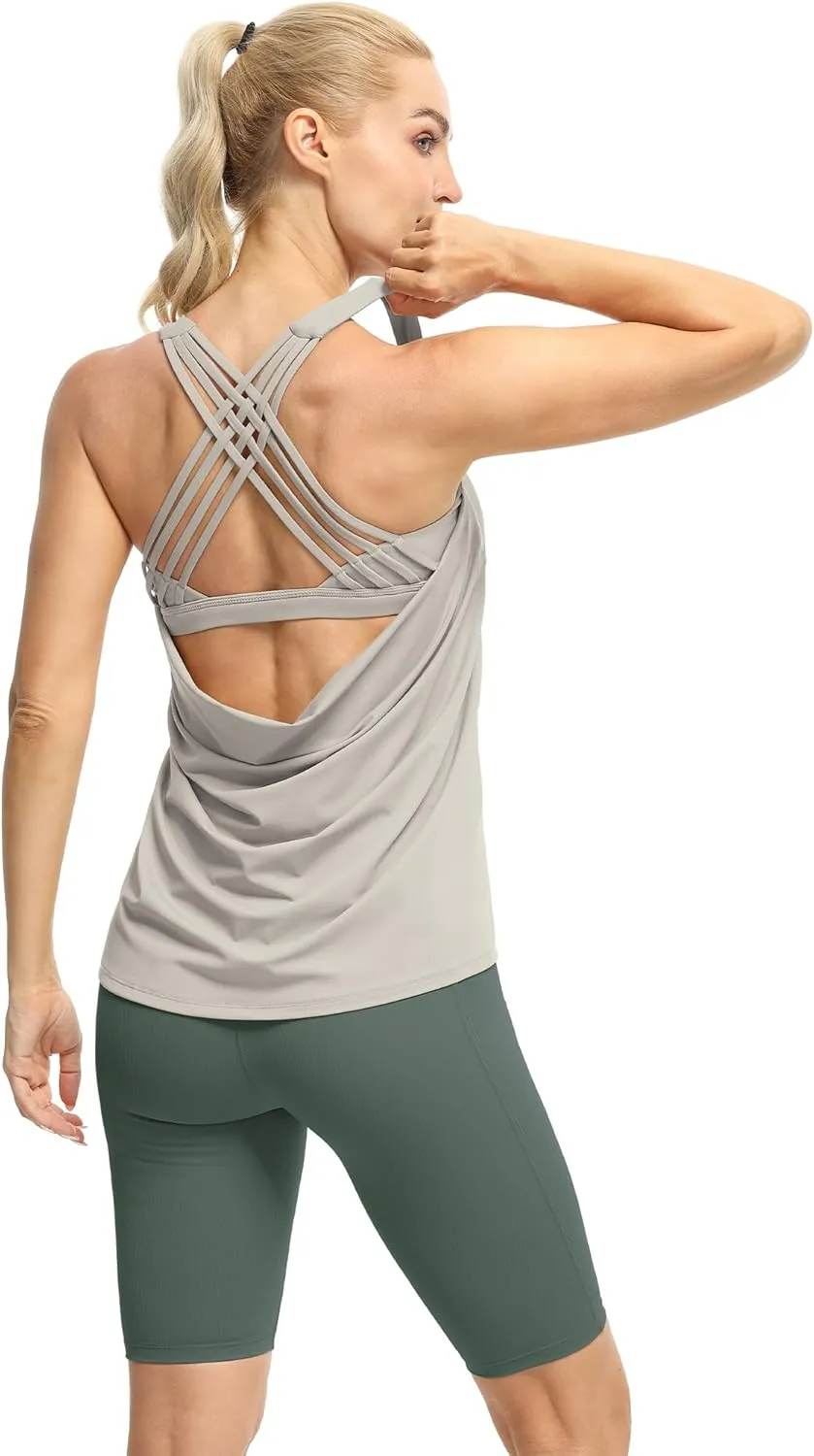 icyzone Women's Open Back Workout Athletic Yoga Tank Tops with Built in Bra