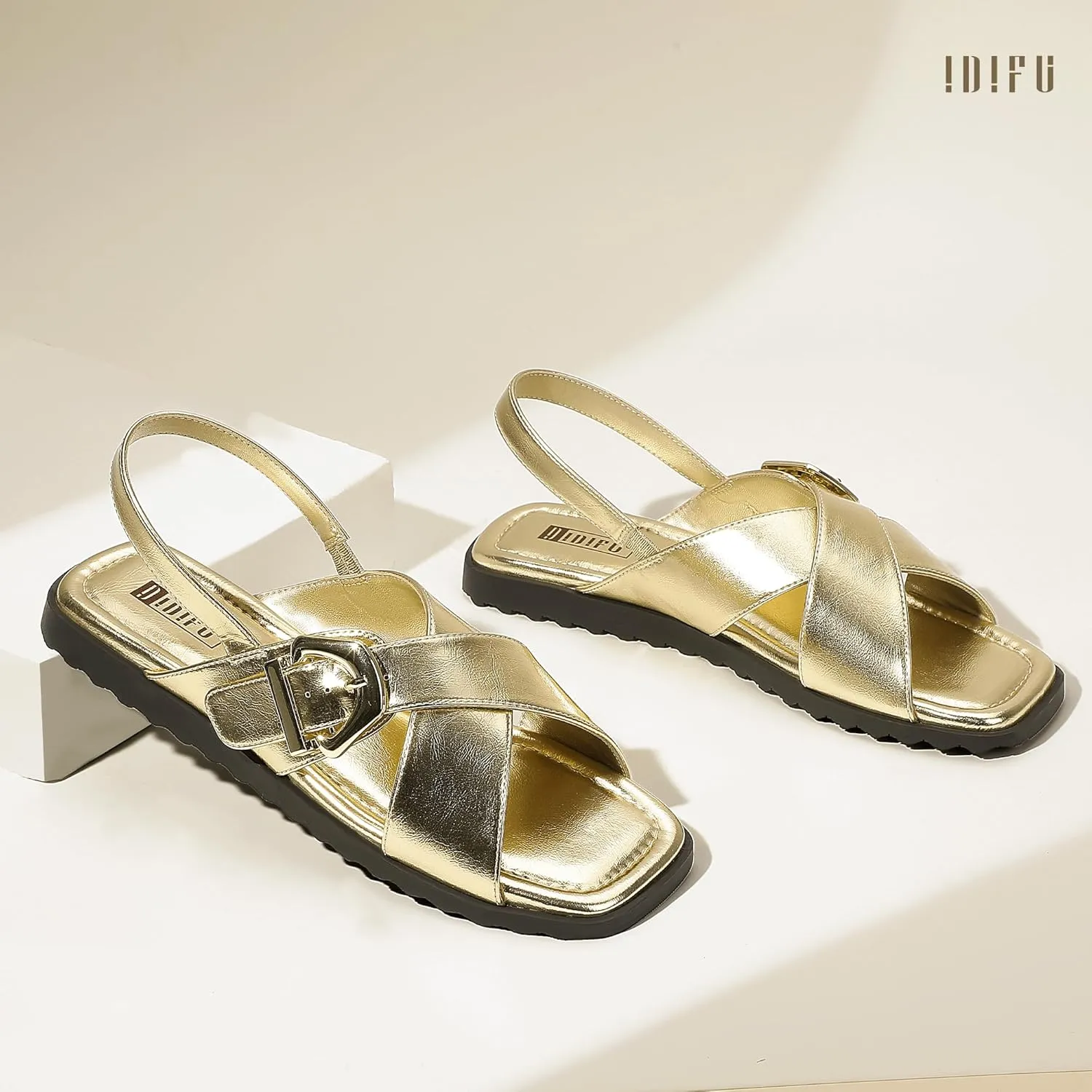 IDIFU Buckle Strappy Flat Sandals for Women Open Square Toe Cross Strap Ankle Strap Slingback Dress Women Ladies Comfortable Dressy Cute Trendy Casual Summer Walking Shoes Sandals