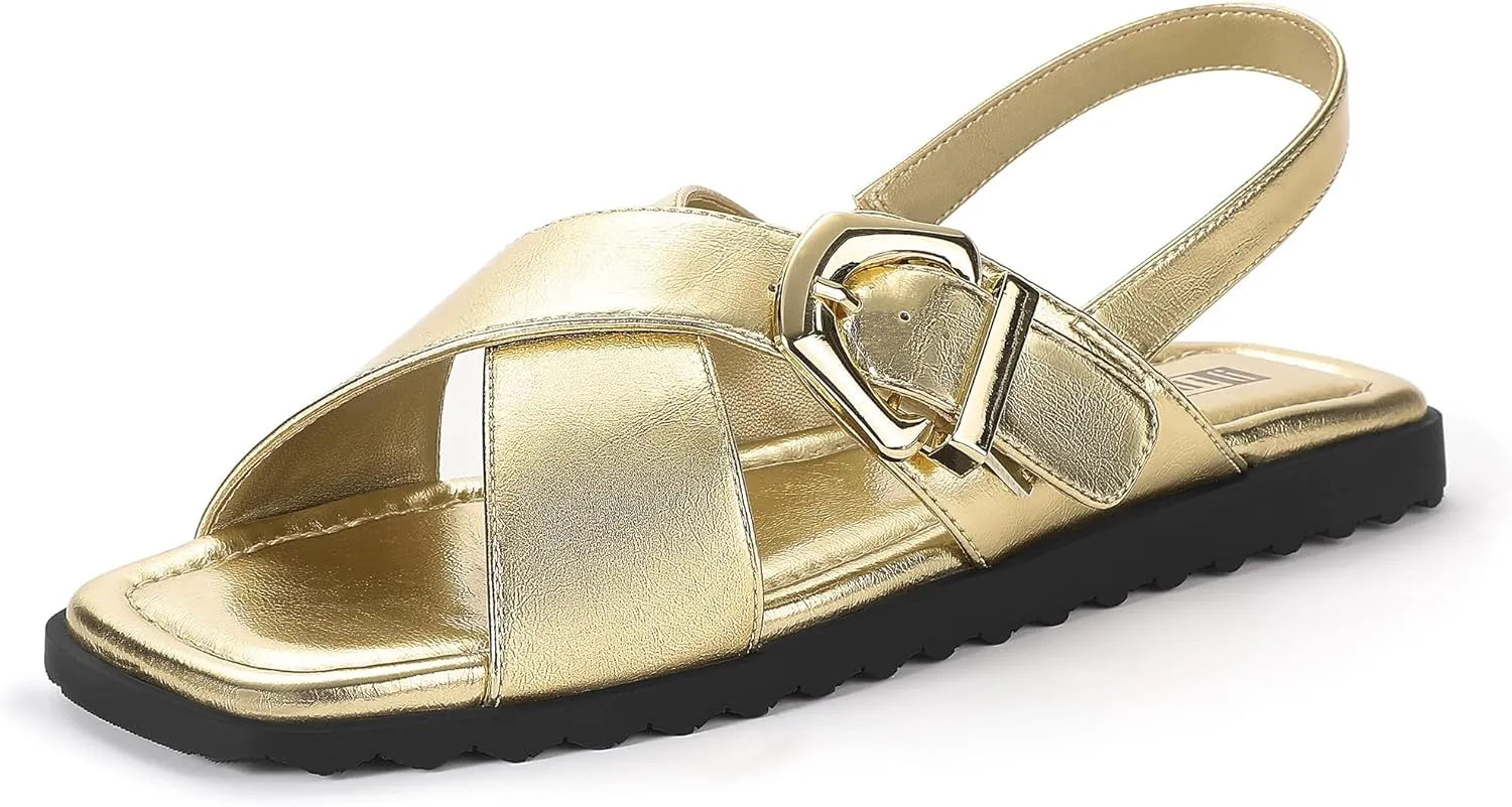IDIFU Buckle Strappy Flat Sandals for Women Open Square Toe Cross Strap Ankle Strap Slingback Dress Women Ladies Comfortable Dressy Cute Trendy Casual Summer Walking Shoes Sandals