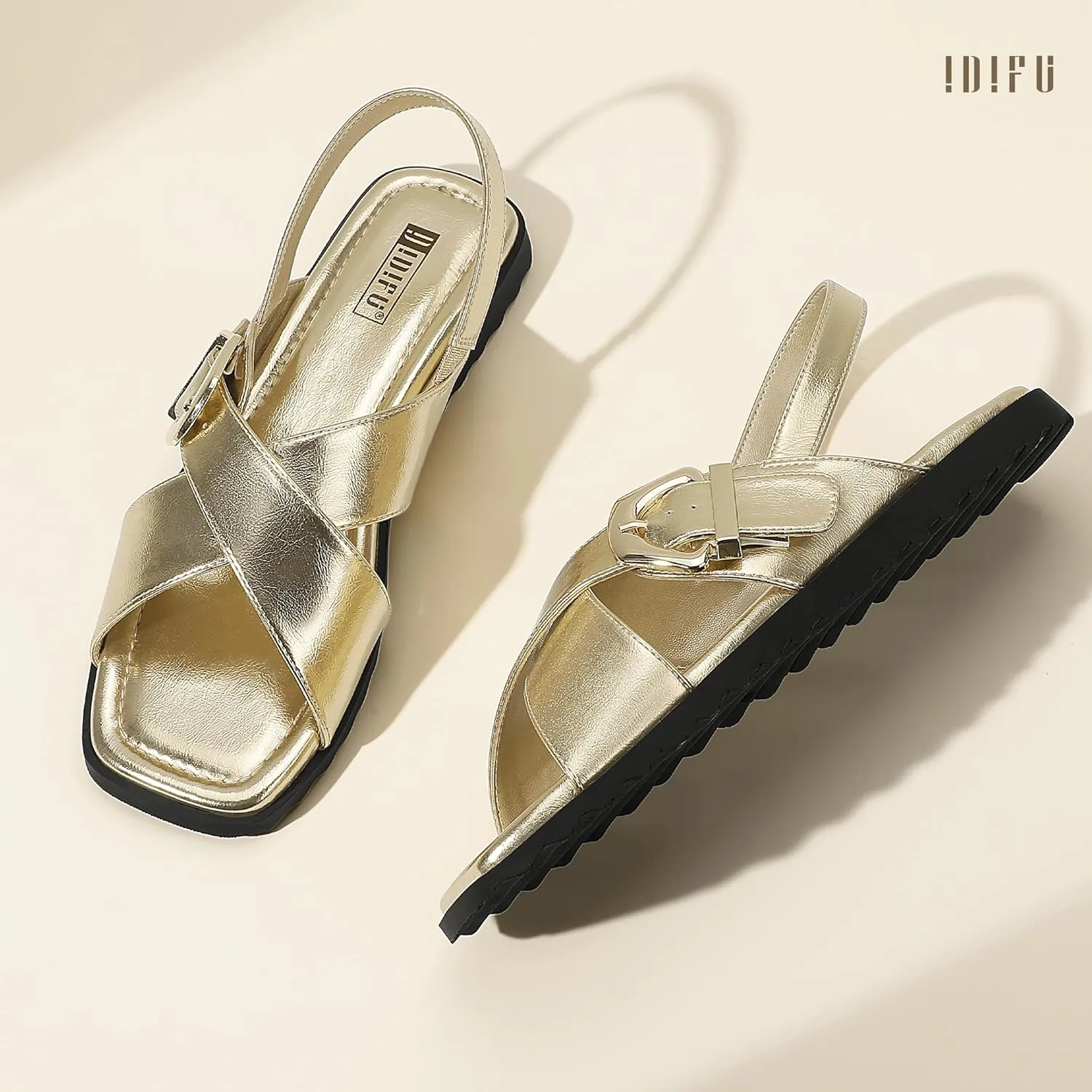 IDIFU Buckle Strappy Flat Sandals for Women Open Square Toe Cross Strap Ankle Strap Slingback Dress Women Ladies Comfortable Dressy Cute Trendy Casual Summer Walking Shoes Sandals