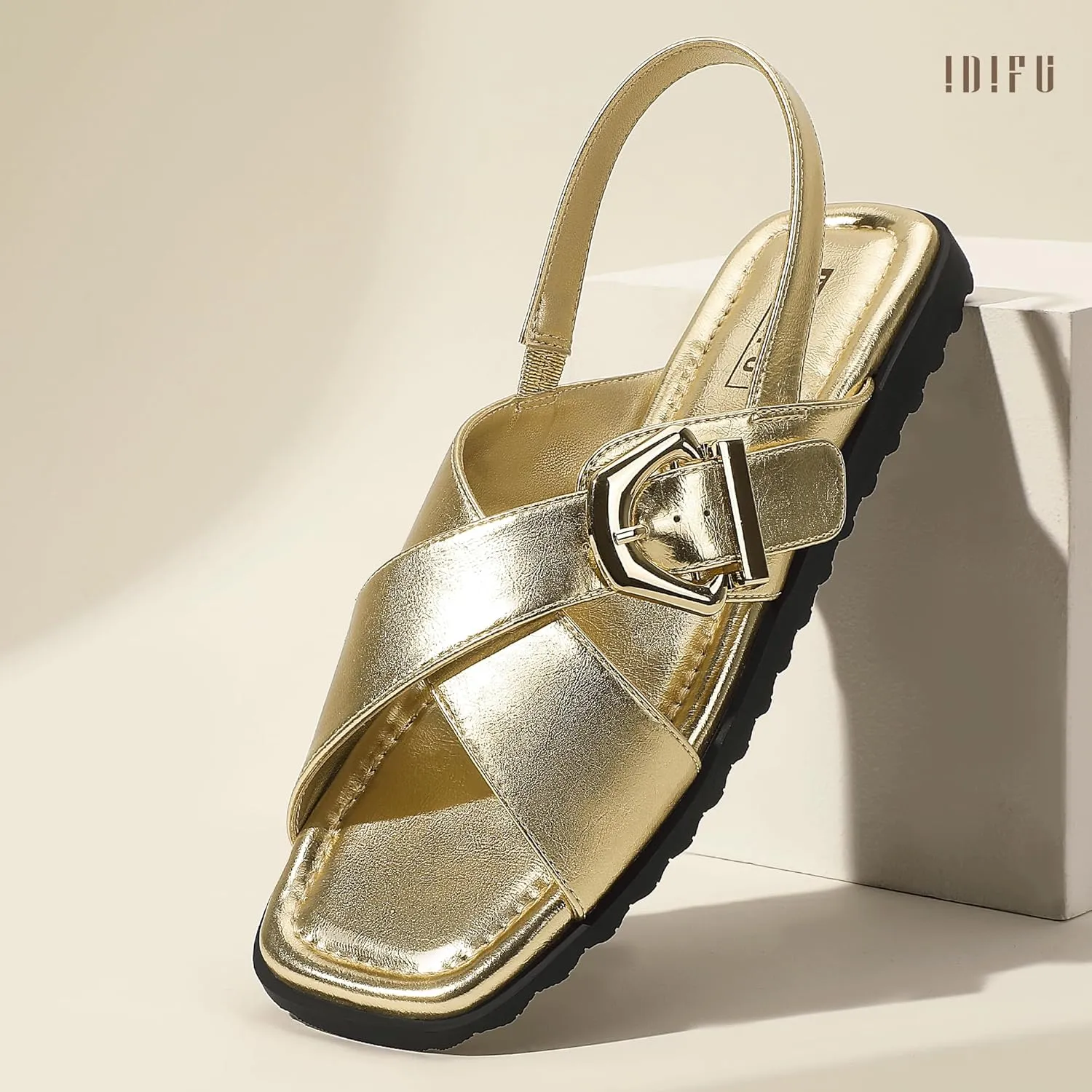 IDIFU Buckle Strappy Flat Sandals for Women Open Square Toe Cross Strap Ankle Strap Slingback Dress Women Ladies Comfortable Dressy Cute Trendy Casual Summer Walking Shoes Sandals