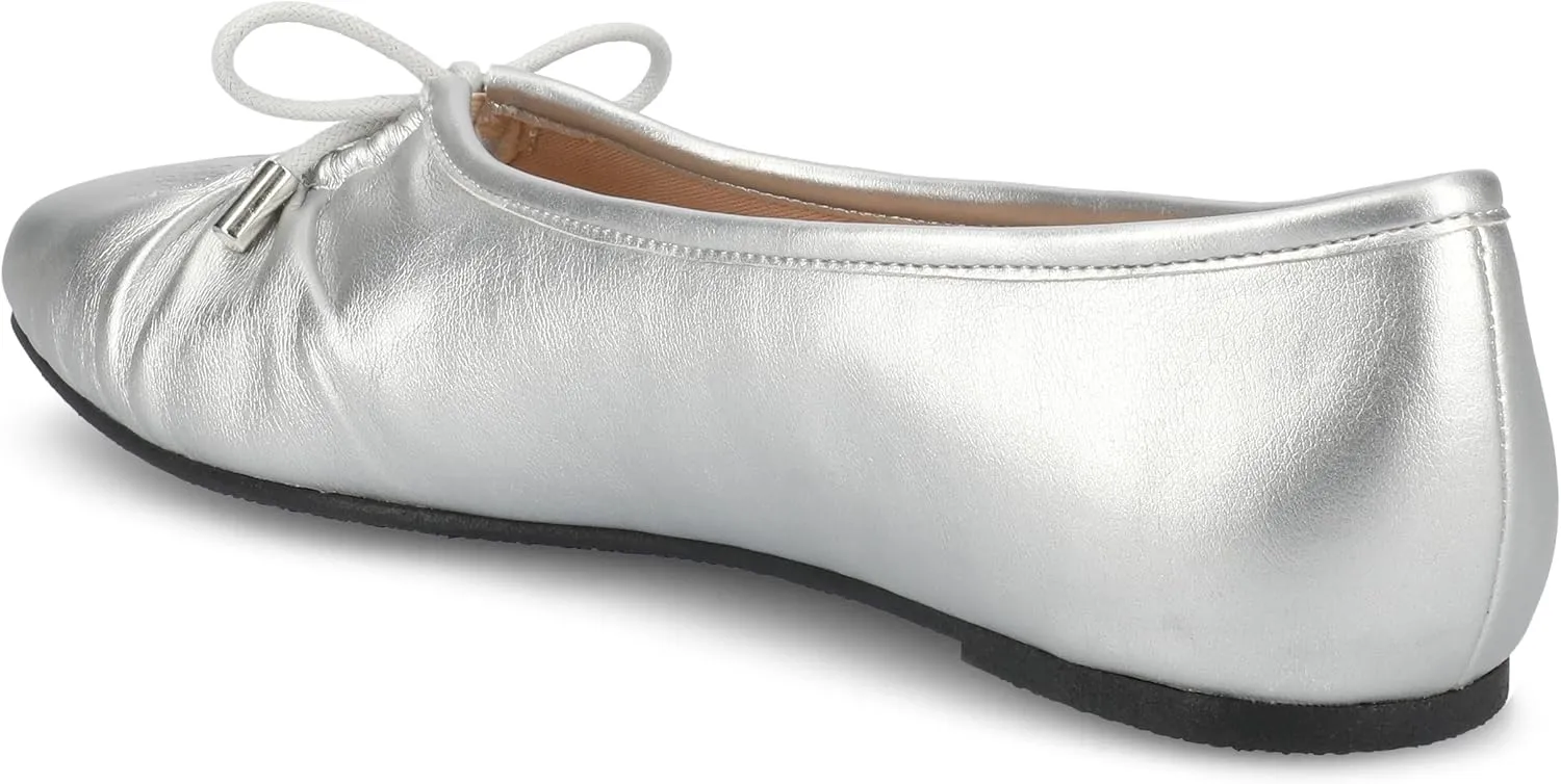 Journee Collection Womens Callee Ruched Ballet Dress Flats with Bow Cushioned Slip On Soft Square Toe Fashion Shoe