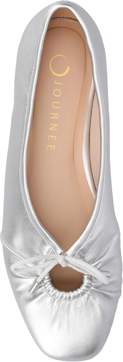 Journee Collection Womens Callee Ruched Ballet Dress Flats with Bow Cushioned Slip On Soft Square Toe Fashion Shoe