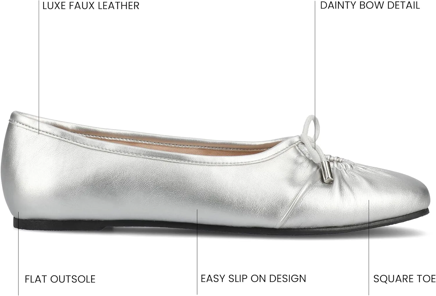 Journee Collection Womens Callee Ruched Ballet Dress Flats with Bow Cushioned Slip On Soft Square Toe Fashion Shoe