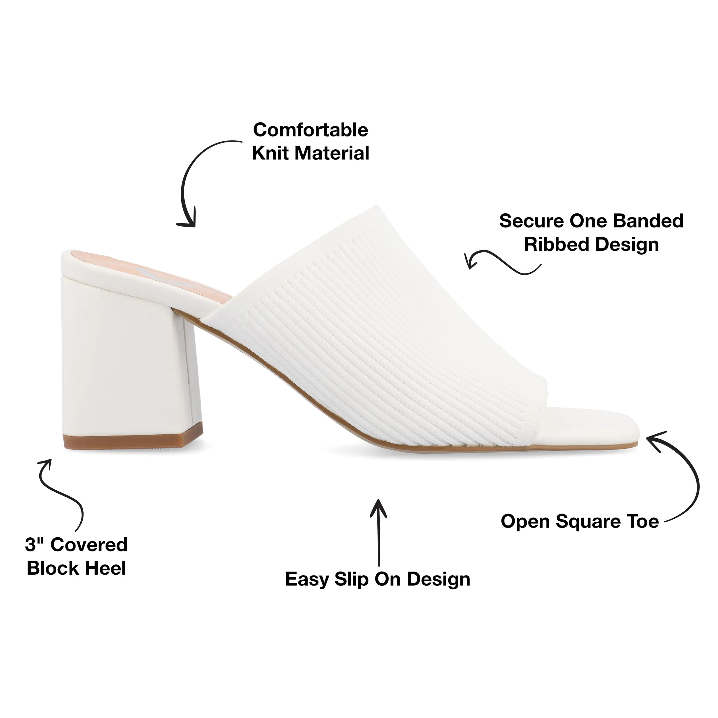 Journee Square Open Toe Chunky Block Heel Knit Slip-On Pump for Women - Lorenna Heeled Fashion Mule White 9.5 Medium Womens US