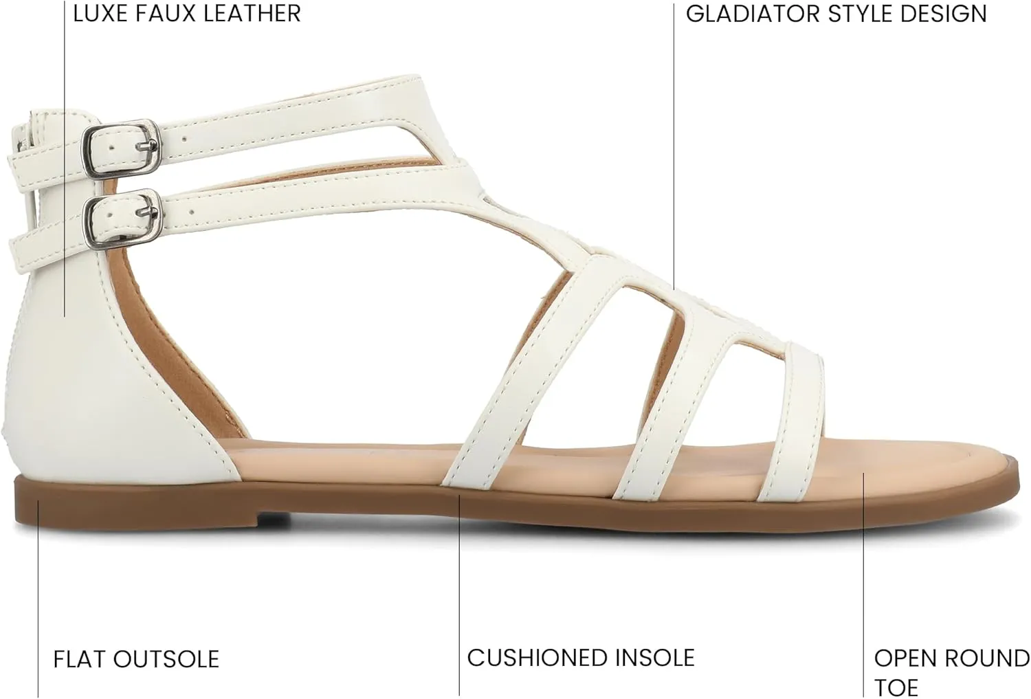 Journee Womens cushioned footbeds Genneva Gladiator Sandal flat sole ankle bucke multi strap open toe