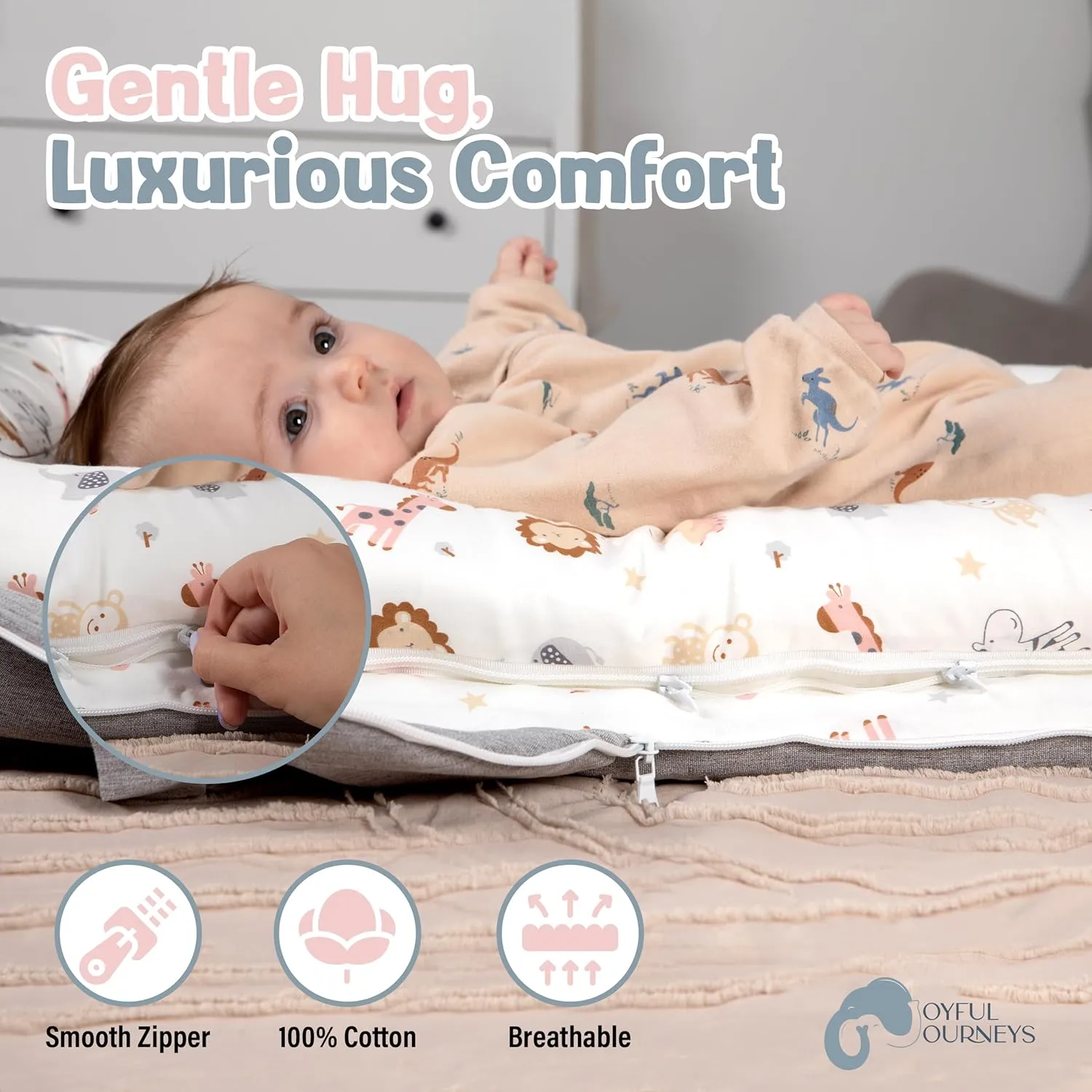 Joyful Journeys Baby Lounger - 2 in 1 Infant Lounger Baby Nest/Diaper Organizer - 100% Cotton Lounger Pillow - Portable Baby Lounger Travel Bed - Newborn Essential - 0-18 Months (Pink Zoo Animals)