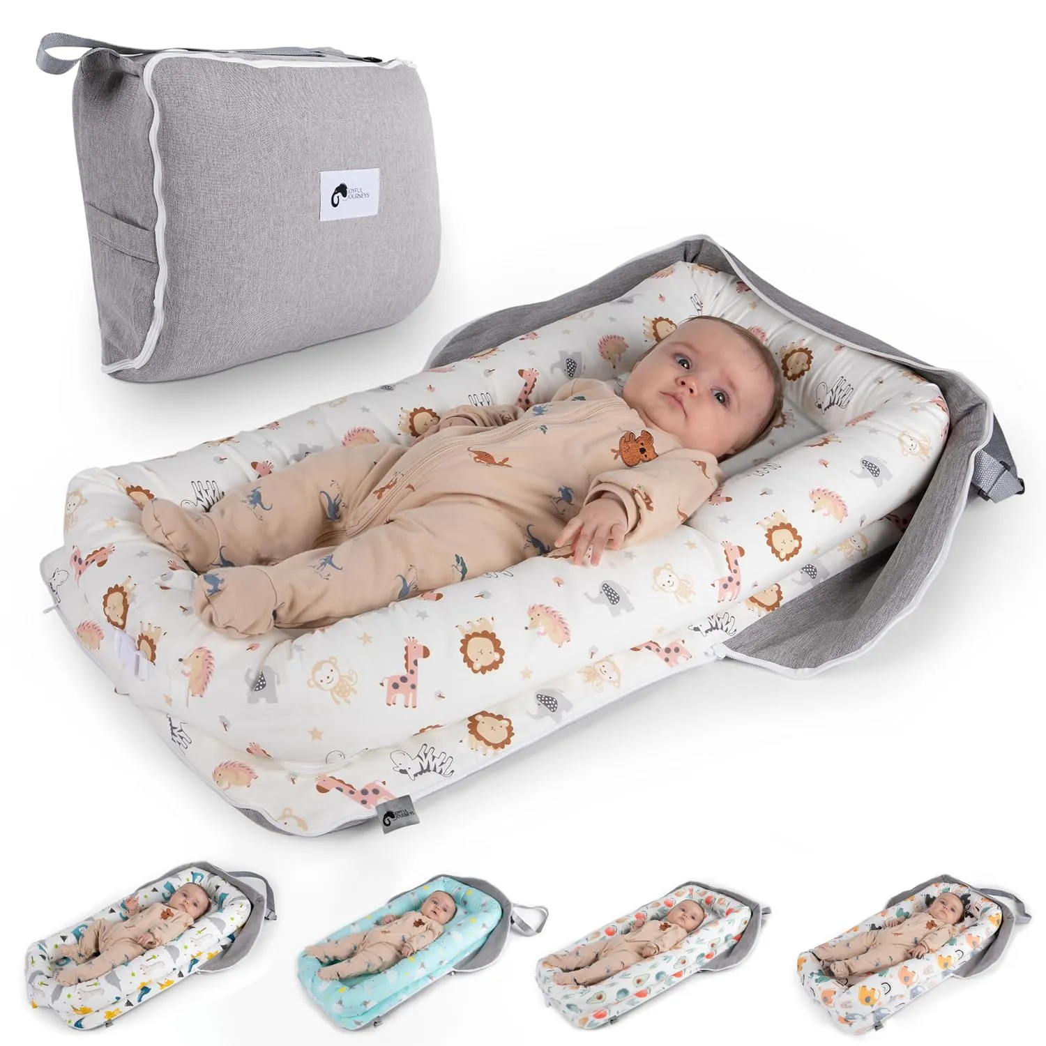 Joyful Journeys Baby Lounger - 2 in 1 Infant Lounger Baby Nest/Diaper Organizer - 100% Cotton Lounger Pillow - Portable Baby Lounger Travel Bed - Newborn Essential - 0-18 Months (Pink Zoo Animals)