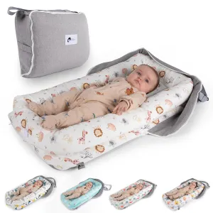 Joyful Journeys Baby Lounger - 2 in 1 Infant Lounger Baby Nest/Diaper Organizer - 100% Cotton Lounger Pillow - Portable Baby Lounger Travel Bed - Newborn Essential - 0-18 Months (Pink Zoo Animals)
