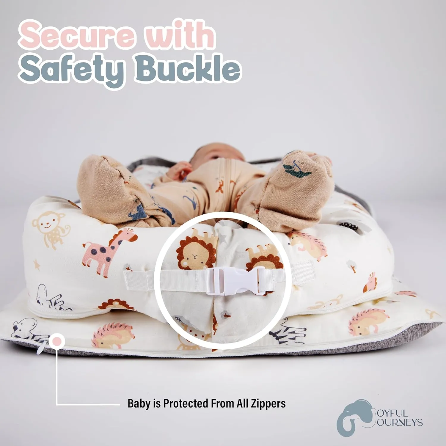 Joyful Journeys Baby Lounger - 2 in 1 Infant Lounger Baby Nest/Diaper Organizer - 100% Cotton Lounger Pillow - Portable Baby Lounger Travel Bed - Newborn Essential - 0-18 Months (Pink Zoo Animals)