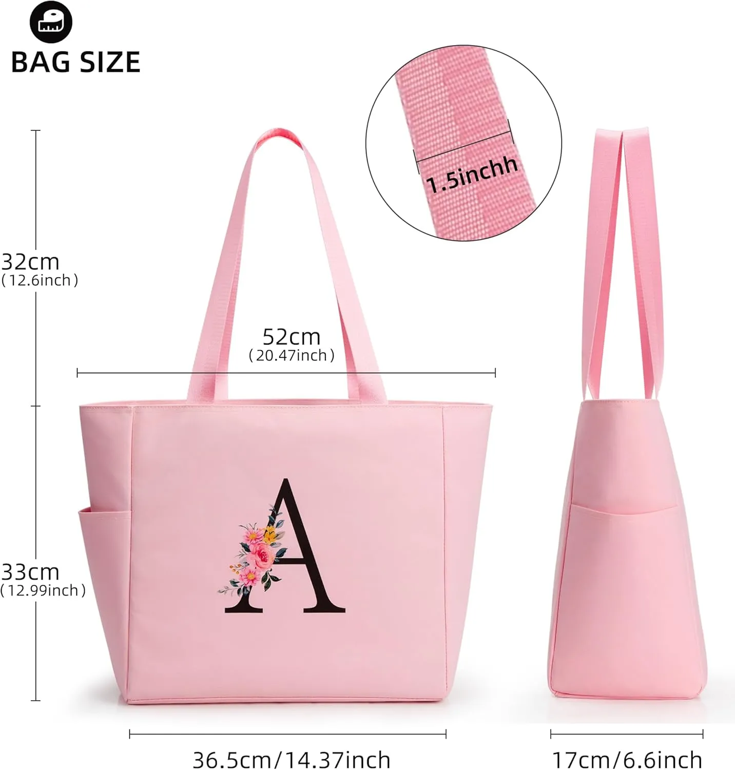 KALIDI Personalized Beach Tote Bag, Initial Alphabet Gift Zipper Grocery Bag for Mom Teacher Friend Wedding Daily Shopping