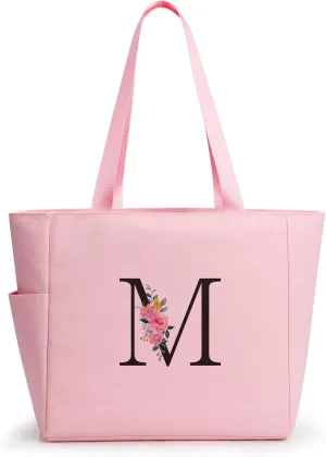 KALIDI Personalized Beach Tote Bag, Initial Alphabet Gift Zipper Grocery Bag for Mom Teacher Friend Wedding Daily Shopping