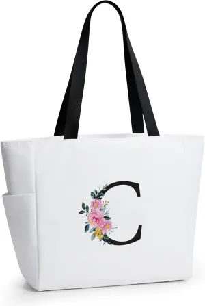 KALIDI Personalized Beach Tote Bag, Initial Alphabet Gift Zipper Grocery Bag for Mom Teacher Friend Wedding Daily Shopping