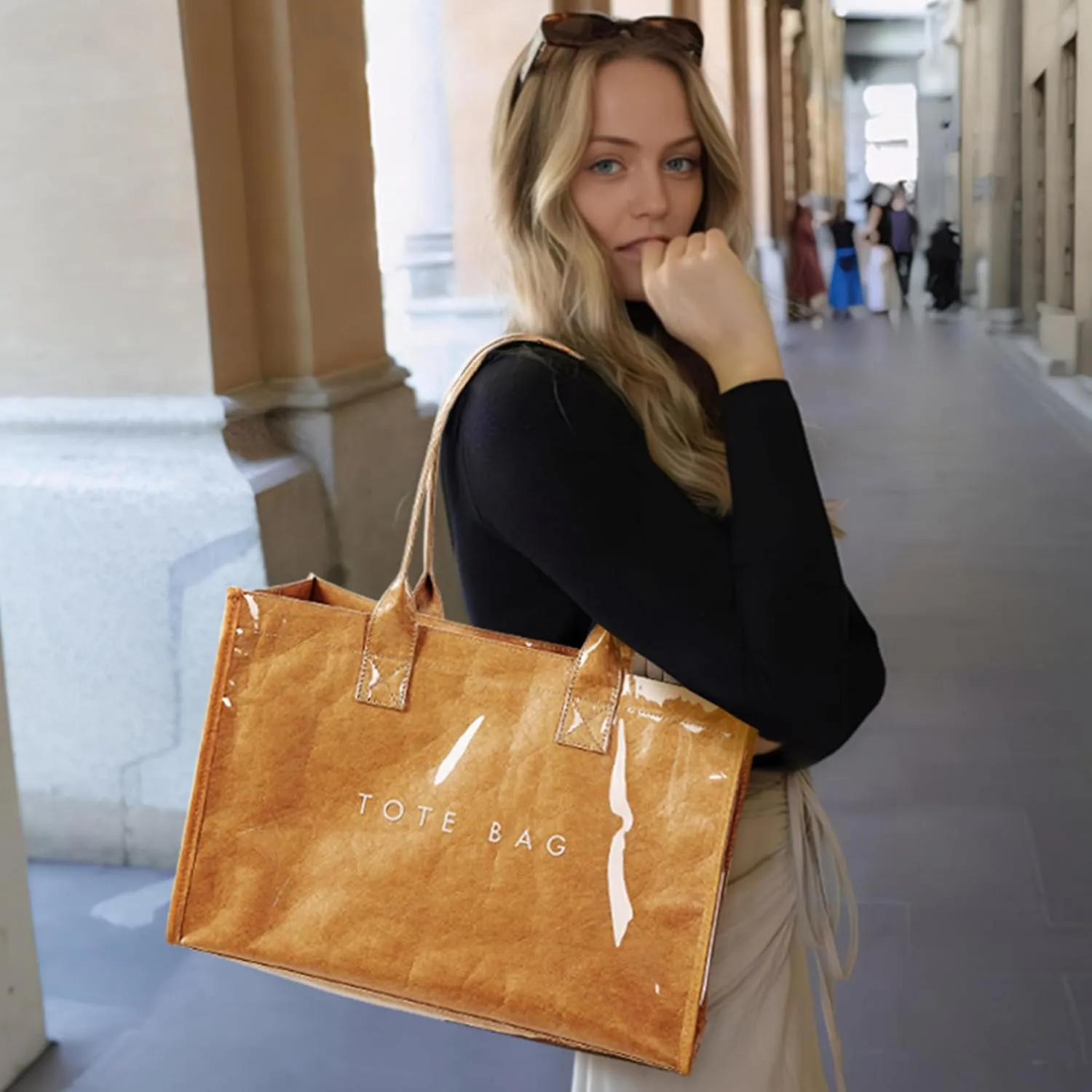 KALIDI PVC Tote Bag Women’s Kraft Paper Work Handbags Purses with Top Handle