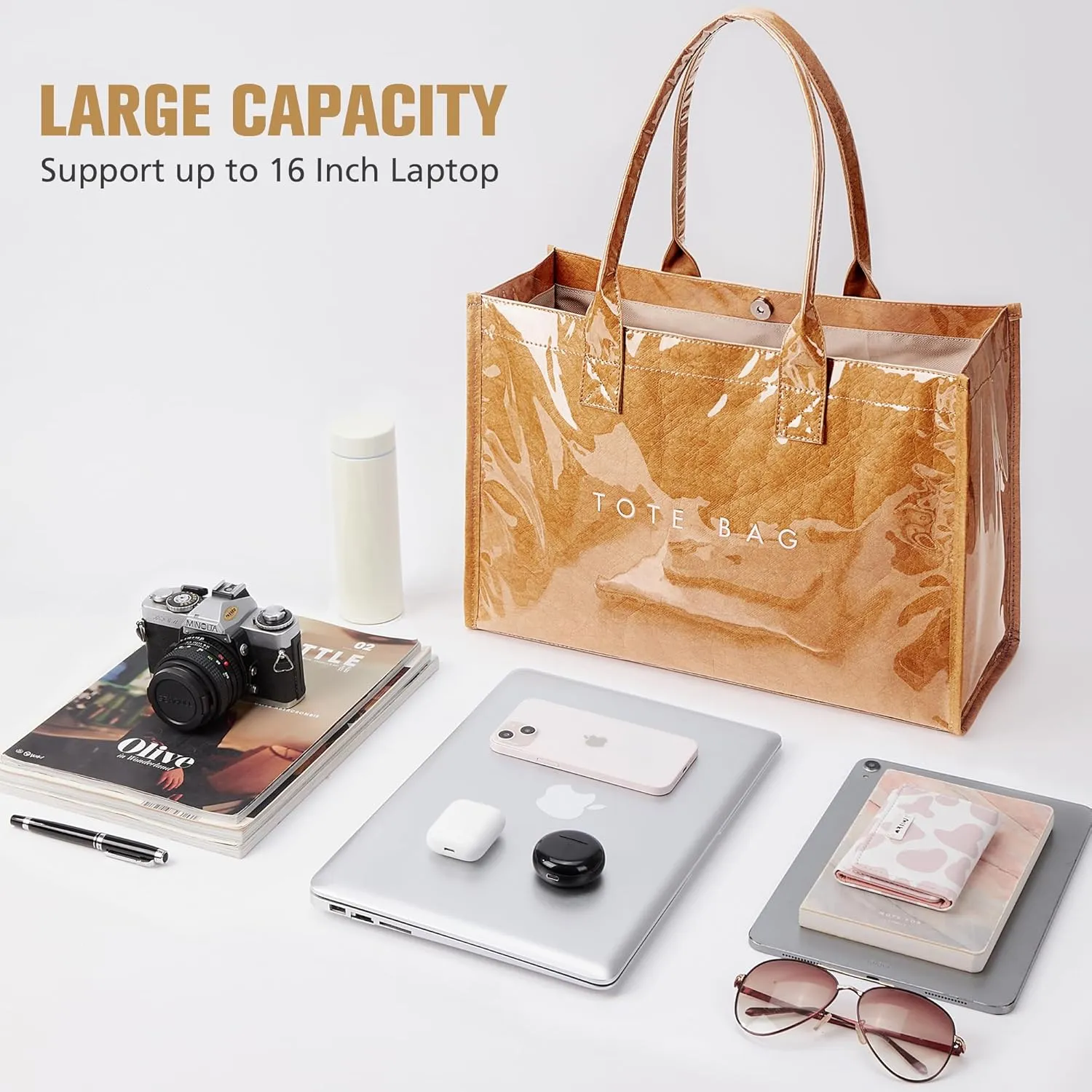KALIDI PVC Tote Bag Women’s Kraft Paper Work Handbags Purses with Top Handle