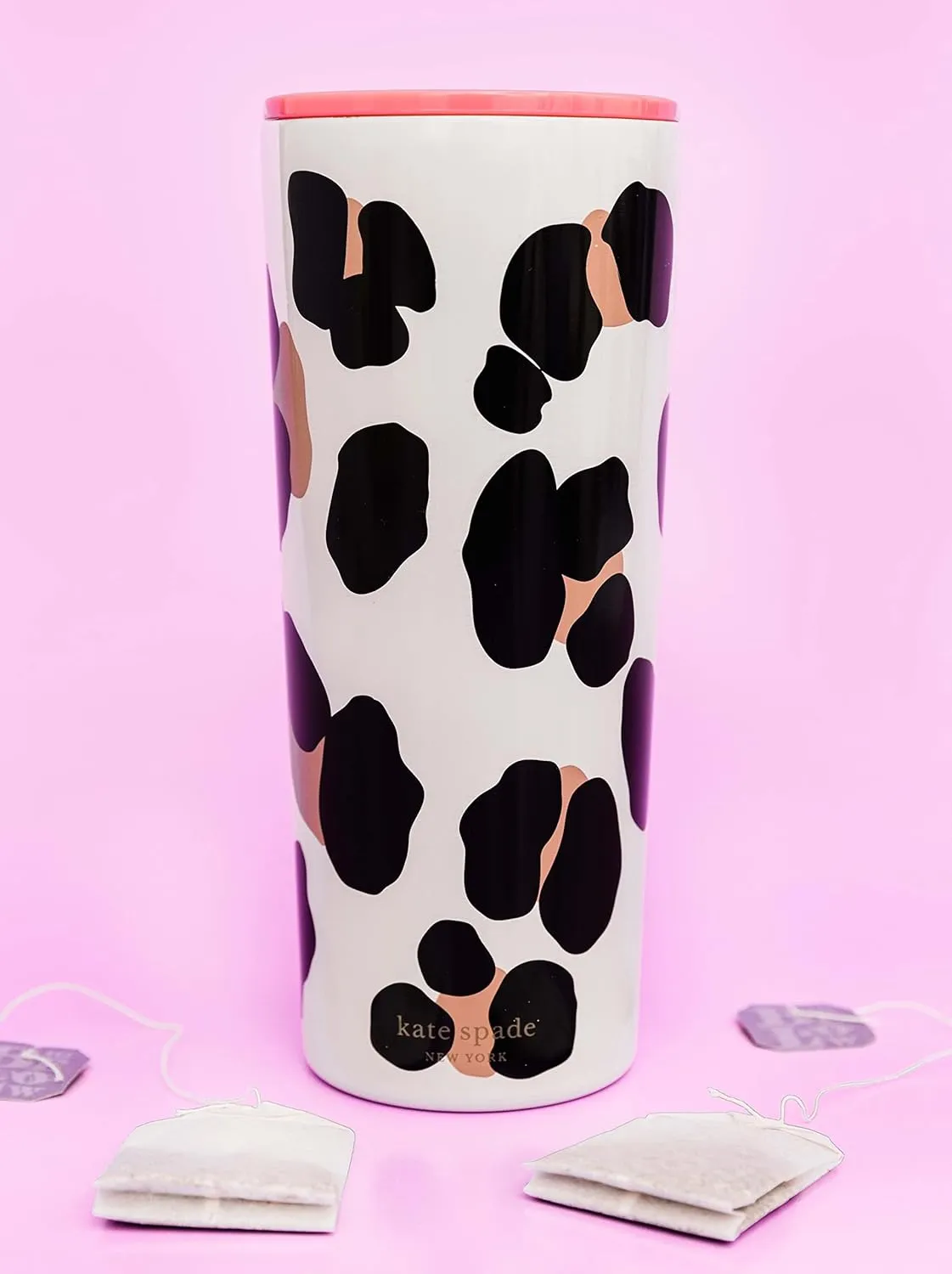 kate spade new york Cute Stainless Steel Mug, 24 Ounce Travel Tumbler, Double Wall Insulated Cup with Lid, Forest Feline