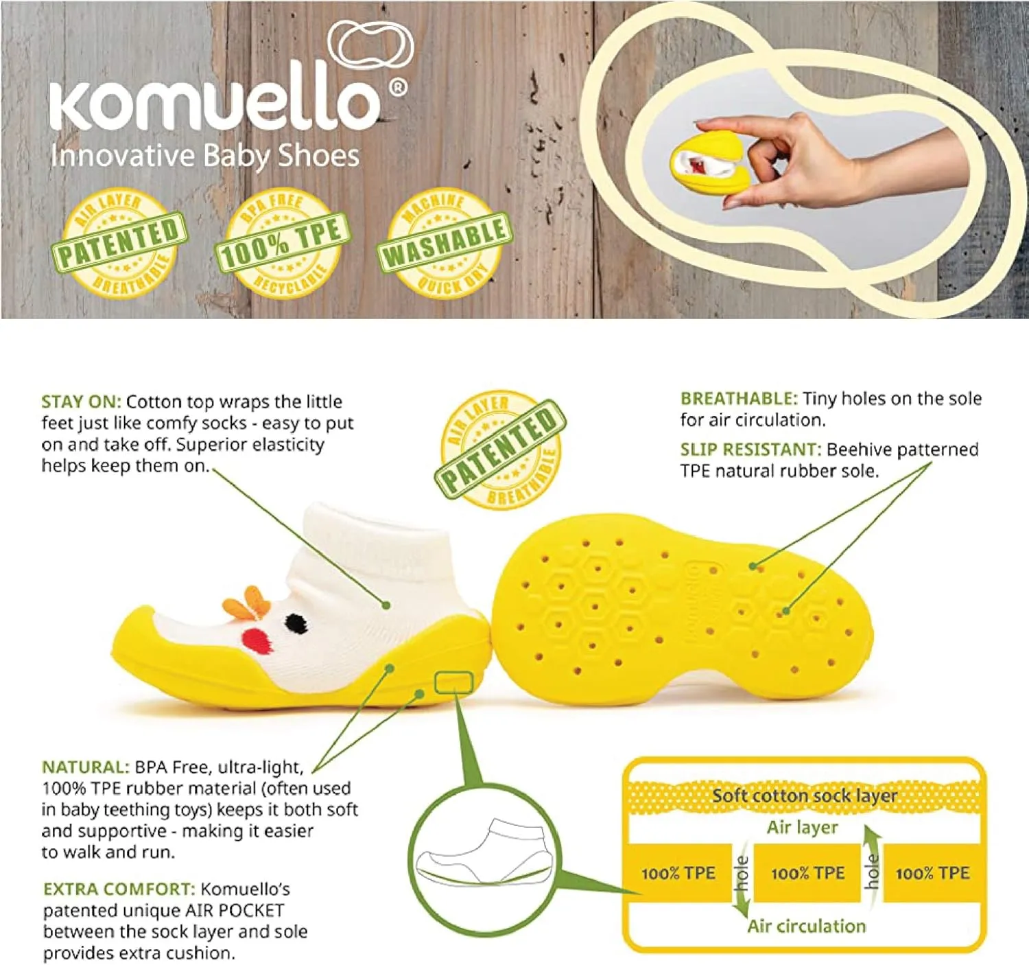 Komuello Flat Toddler Shoes, Breathable, Washable, Non-Slip, Secure Fit, Cotton Socks with Air Pocket Cushion for Indoor and Outdoor Use, Unisex Toddler Shoes for Girls