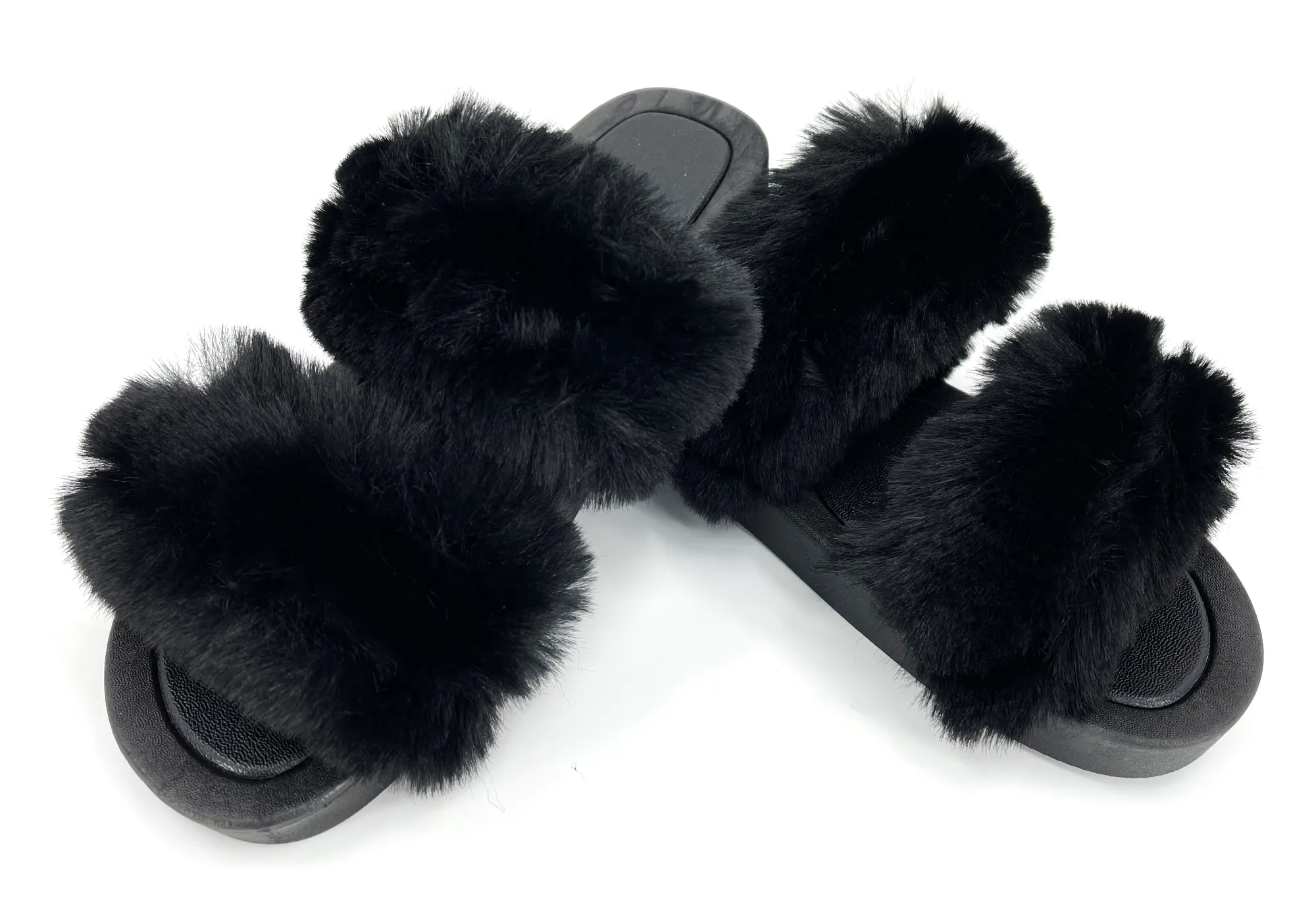 Ladies Black Two Strap Fluffy Faux Fur Fashion Pool Sliders Beach Sandals