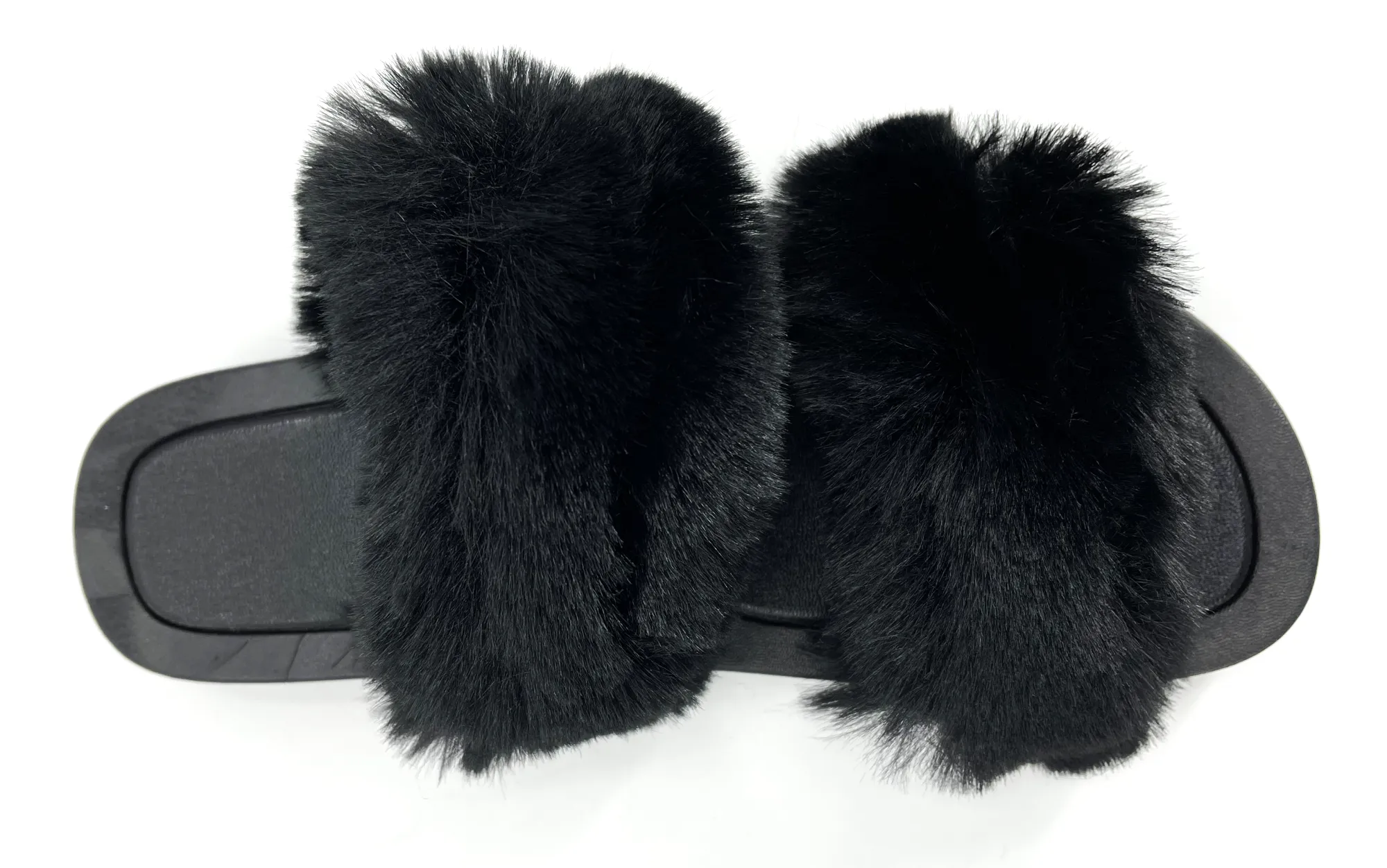 Ladies Black Two Strap Fluffy Faux Fur Fashion Pool Sliders Beach Sandals