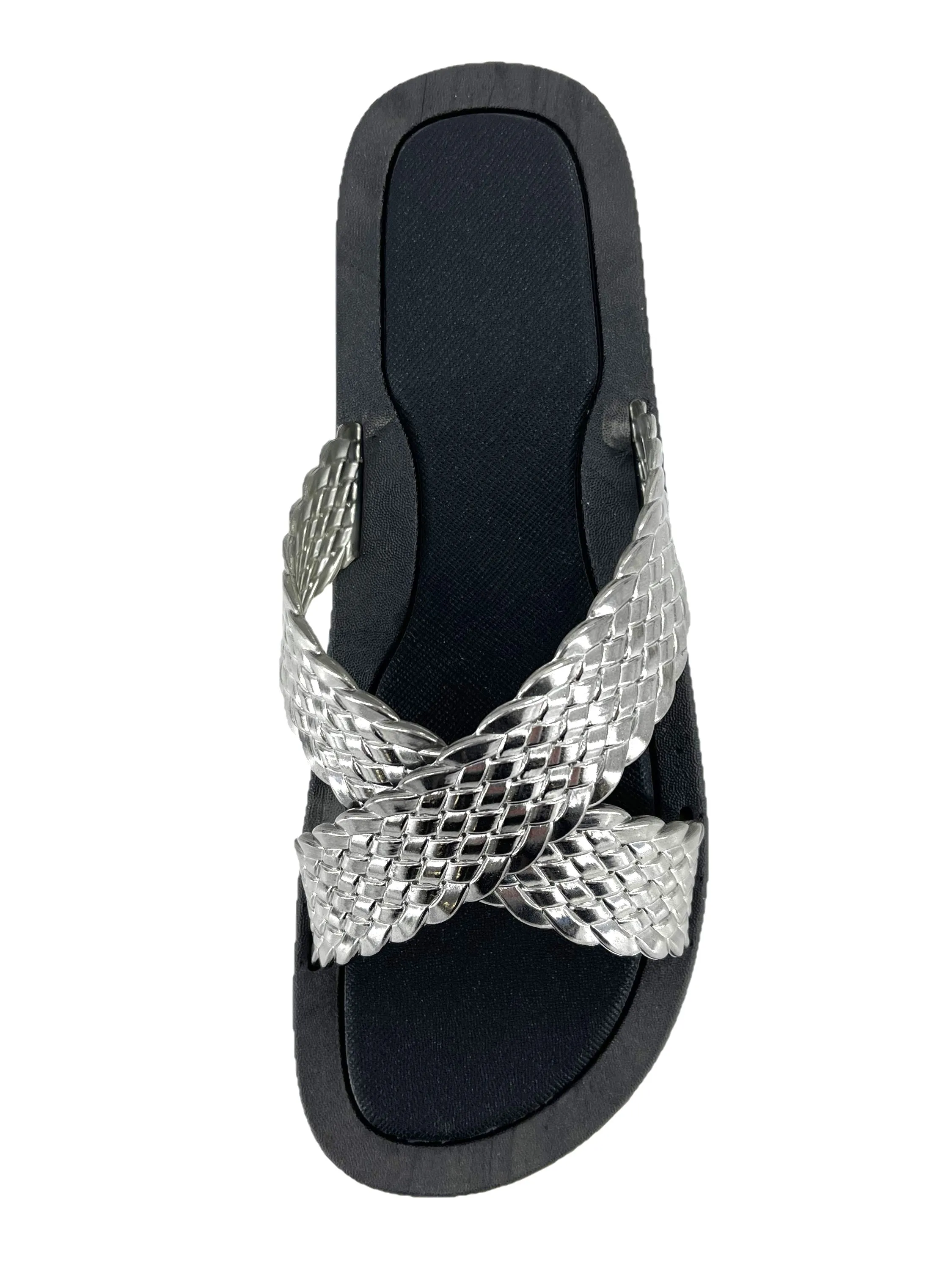 Ladies Silver Plaited Crossover Strap Summer Slider Beach Sandals