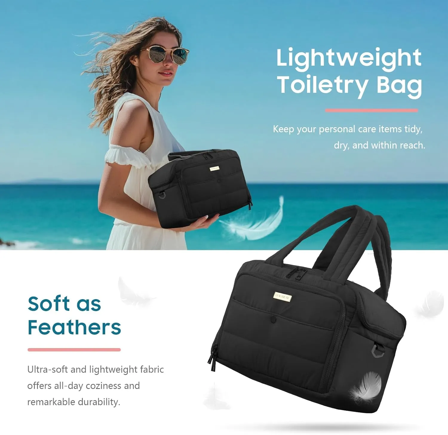 Large Travel Toiletry Bag for Women, Waterproof Puffy Organizer with Wide Handle & Shoulder Strap, Extra-Large Cosmetic Bag with Dry-Wet Separation for Toiletries & Beauty Essentials (Black)