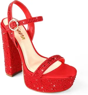 Liliana Womens Rhinestones Ankle Strap Chunky High Heels Sandals
