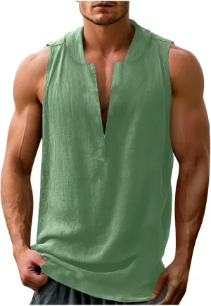 Linen Sleeveless Shirts for Men Beach Vacation Outfits Textured V Neck Tropical Shirt Tank Tops Cut Off Holiday 2025