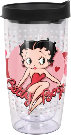 LOGOVISION Betty Boop Dots and Hearts Double-Walled Plastic Travel Tumbler Keeps Drinks Hot & Cold, 16oz.