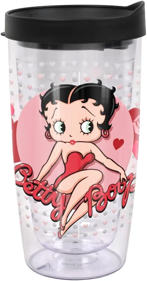 LOGOVISION Betty Boop Dots and Hearts Double-Walled Plastic Travel Tumbler Keeps Drinks Hot & Cold, 16oz.