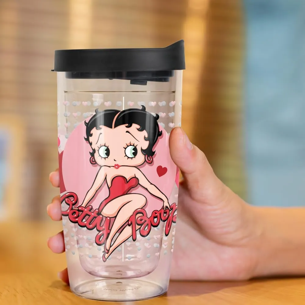 LOGOVISION Betty Boop Dots and Hearts Double-Walled Plastic Travel Tumbler Keeps Drinks Hot & Cold, 16oz.